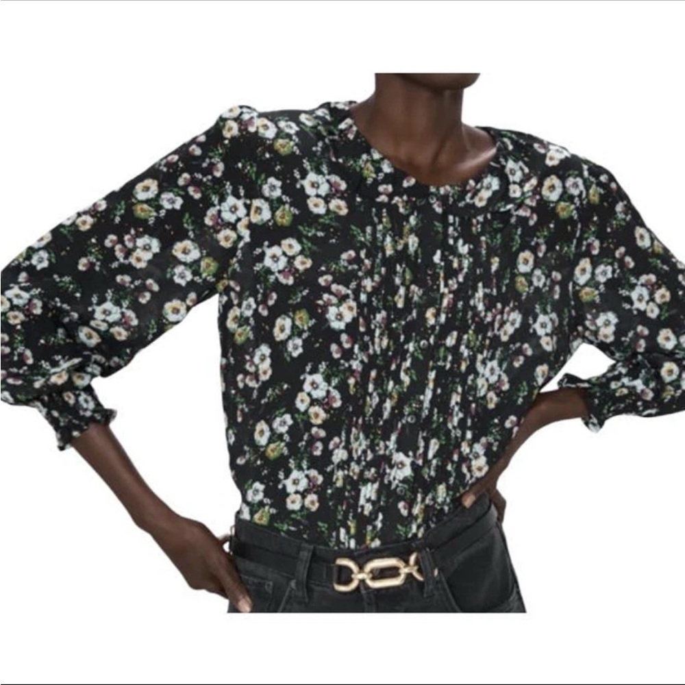 Zara Womens Black White Floral Pleated Buttoned Long Sleeve Business Blouse Top